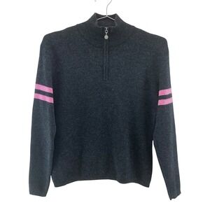 NEVE 100% New Wool 1/4 Zip Striped Sleeve Sweater • Medium • gray pink • preppy